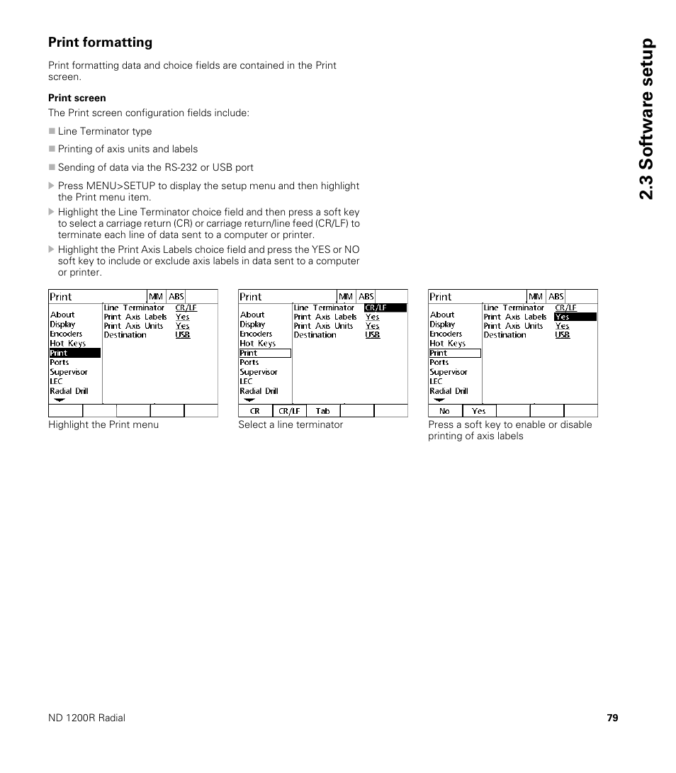 Print formatting, Print screen, 3 sof tw a re set u p | HEIDENHAIN ND 1200R User Manual | Page 79 / 98