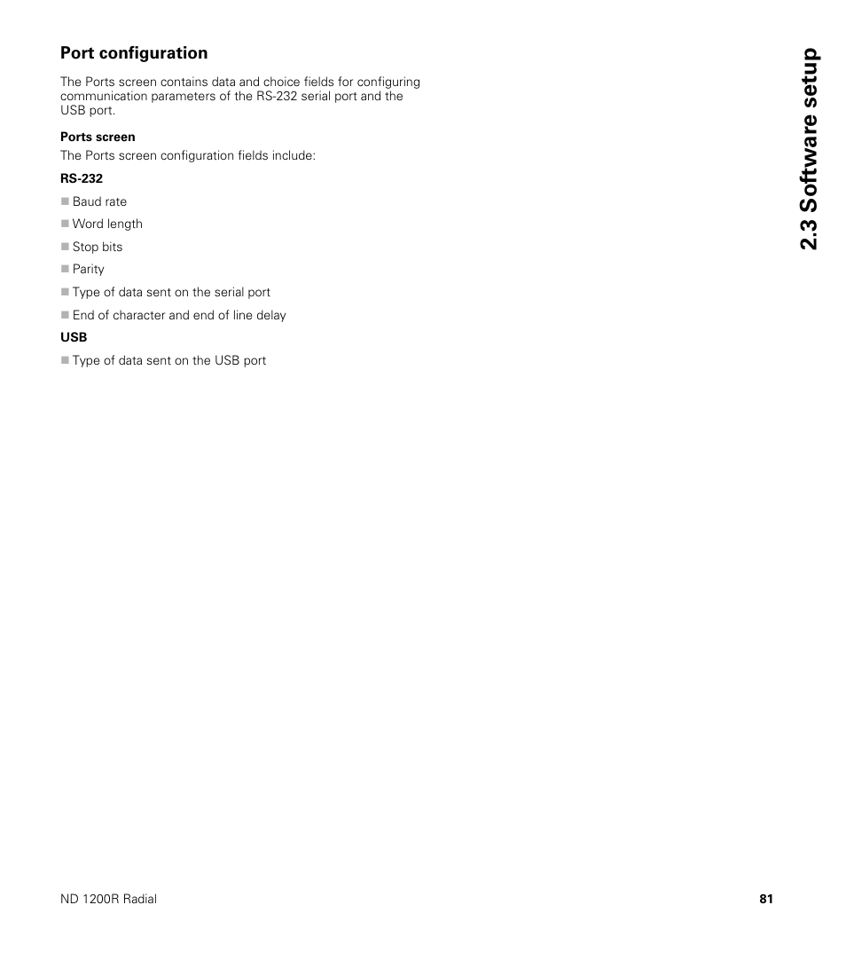 Port configuration, Ports screen, 3 sof tw a re set u p | HEIDENHAIN ND 1200R User Manual | Page 81 / 98