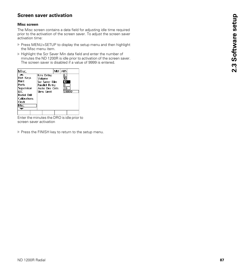 Screen saver activation, Misc screen, 3 sof tw a re set u p | HEIDENHAIN ND 1200R User Manual | Page 87 / 98