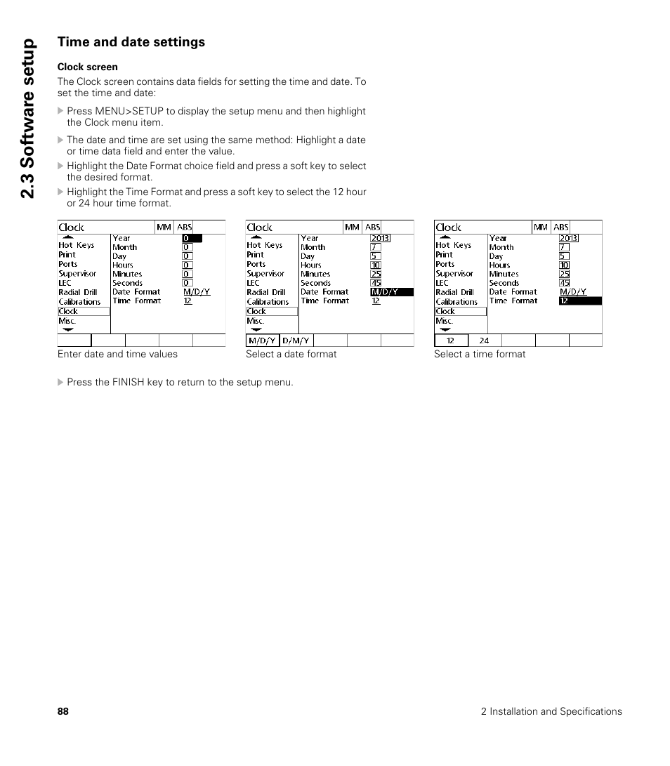 Time and date settings, Clock screen, 3 sof tw a re set u p | HEIDENHAIN ND 1200R User Manual | Page 88 / 98