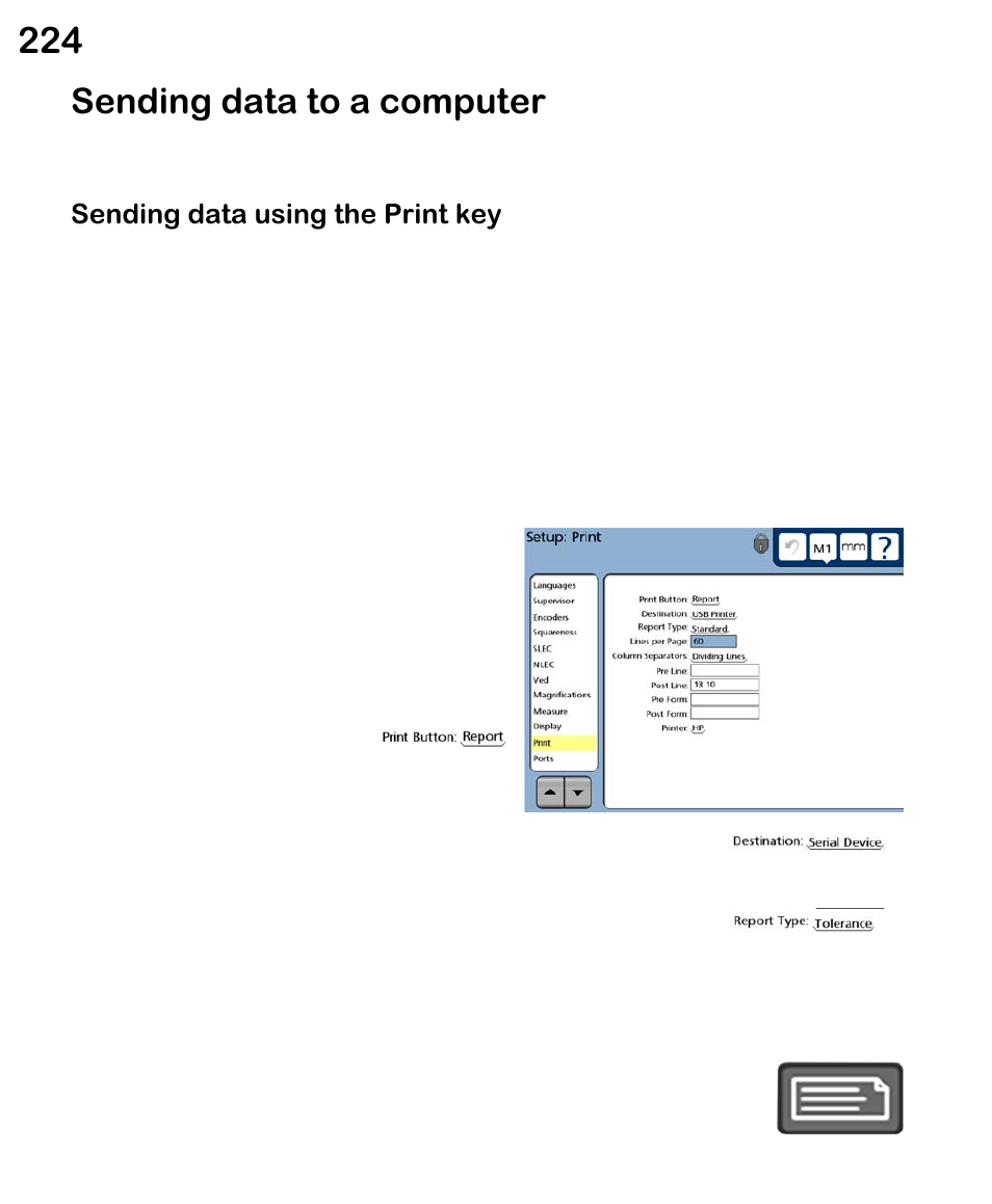 Sending data to a computer, Sending data using the print key | HEIDENHAIN ND 1300 VED and Crosshair Systems User Manual | Page 244 / 331
