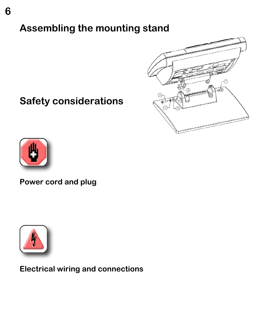 Assembling the mounting stand, Safety considerations, Power cord and plug | Electrical wiring and connections | HEIDENHAIN ND 1300 VED and Crosshair Systems User Manual | Page 26 / 331