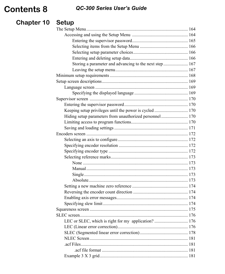 Contents 8, Chapter 10 setup | HEIDENHAIN ND 1300 OED and Crosshair Systems User Manual | Page 14 / 257