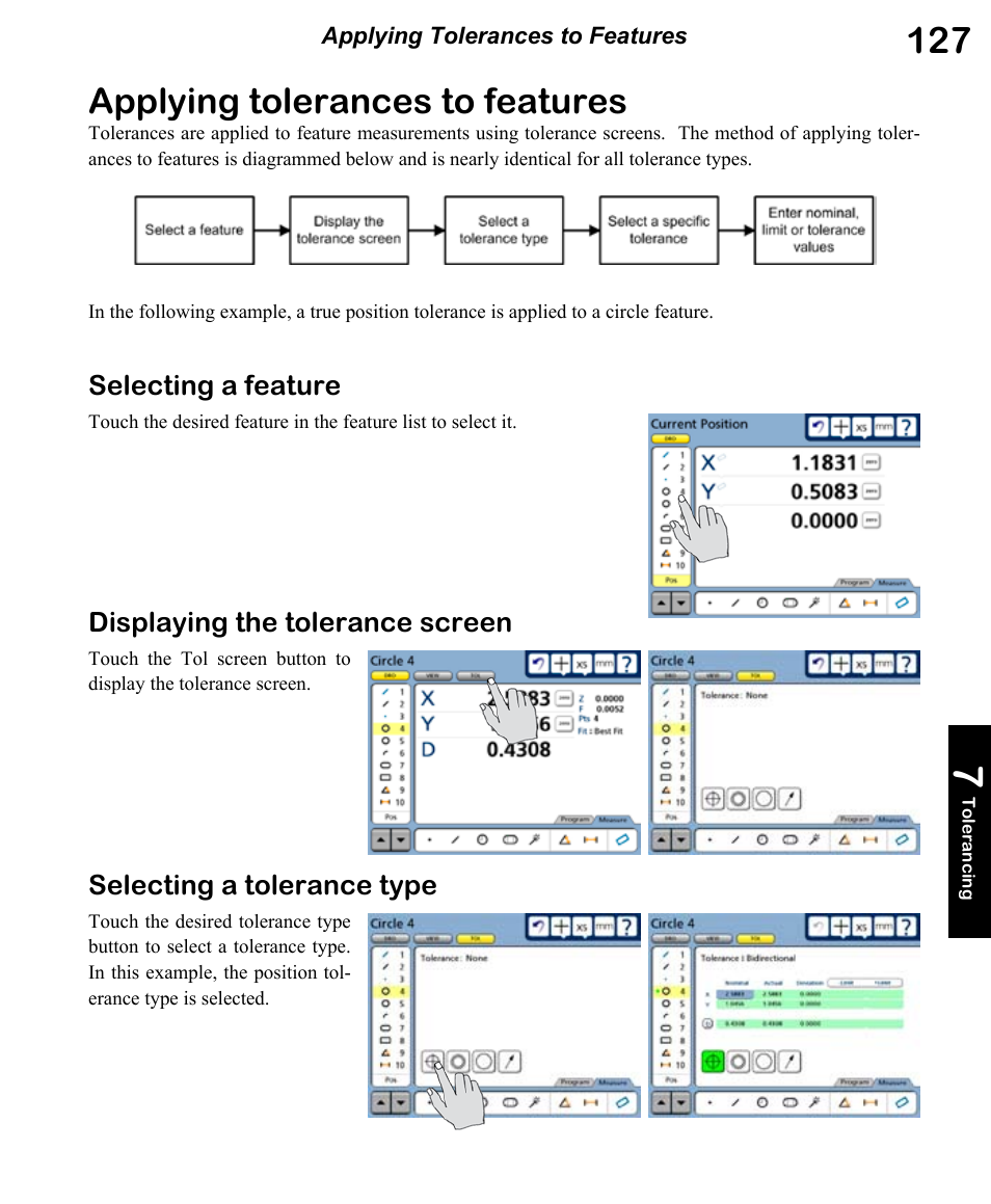 Applying tolerances to features, Selecting a feature, Displaying the tolerance screen | Selecting a tolerance type | HEIDENHAIN ND 1300 OED and Crosshair Systems User Manual | Page 145 / 257