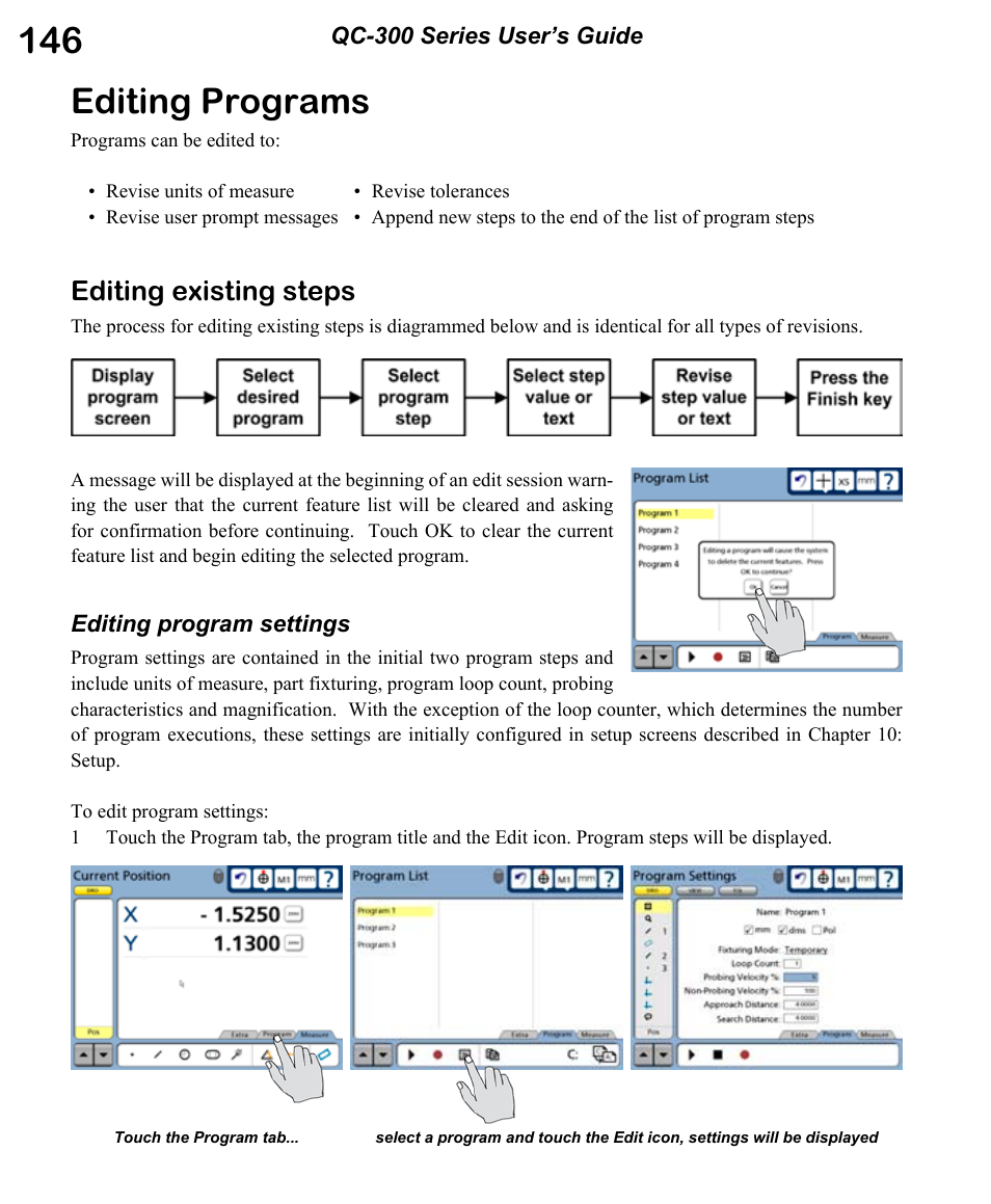 Editing programs, Editing existing steps | HEIDENHAIN ND 1300 OED and Crosshair Systems User Manual | Page 164 / 257