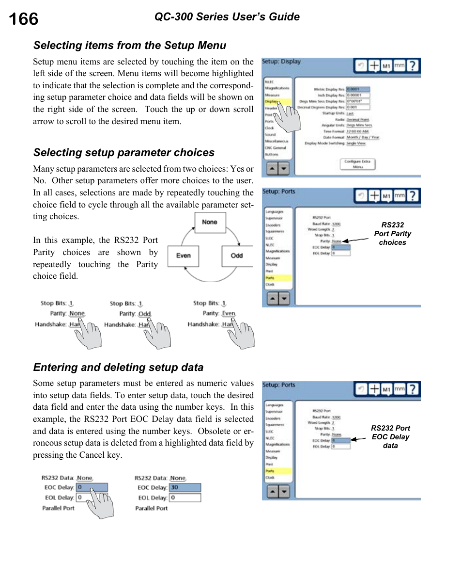 Selecting setup parameter choices, Entering and deleting setup data | HEIDENHAIN ND 1300 OED and Crosshair Systems User Manual | Page 184 / 257