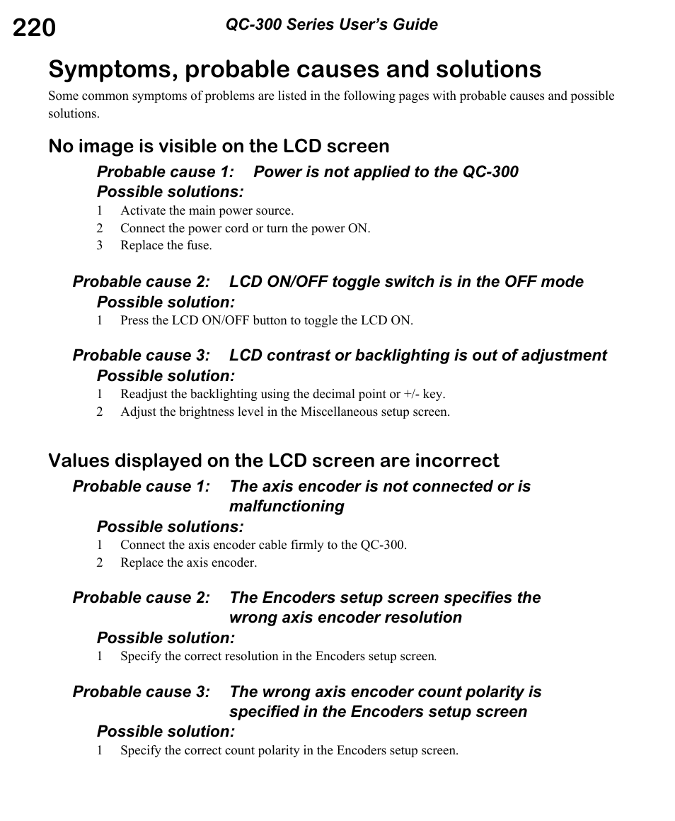 Symptoms, probable causes and solutions, No image is visible on the lcd screen, Values displayed on the lcd screen are incorrect | HEIDENHAIN ND 1300 OED and Crosshair Systems User Manual | Page 238 / 257