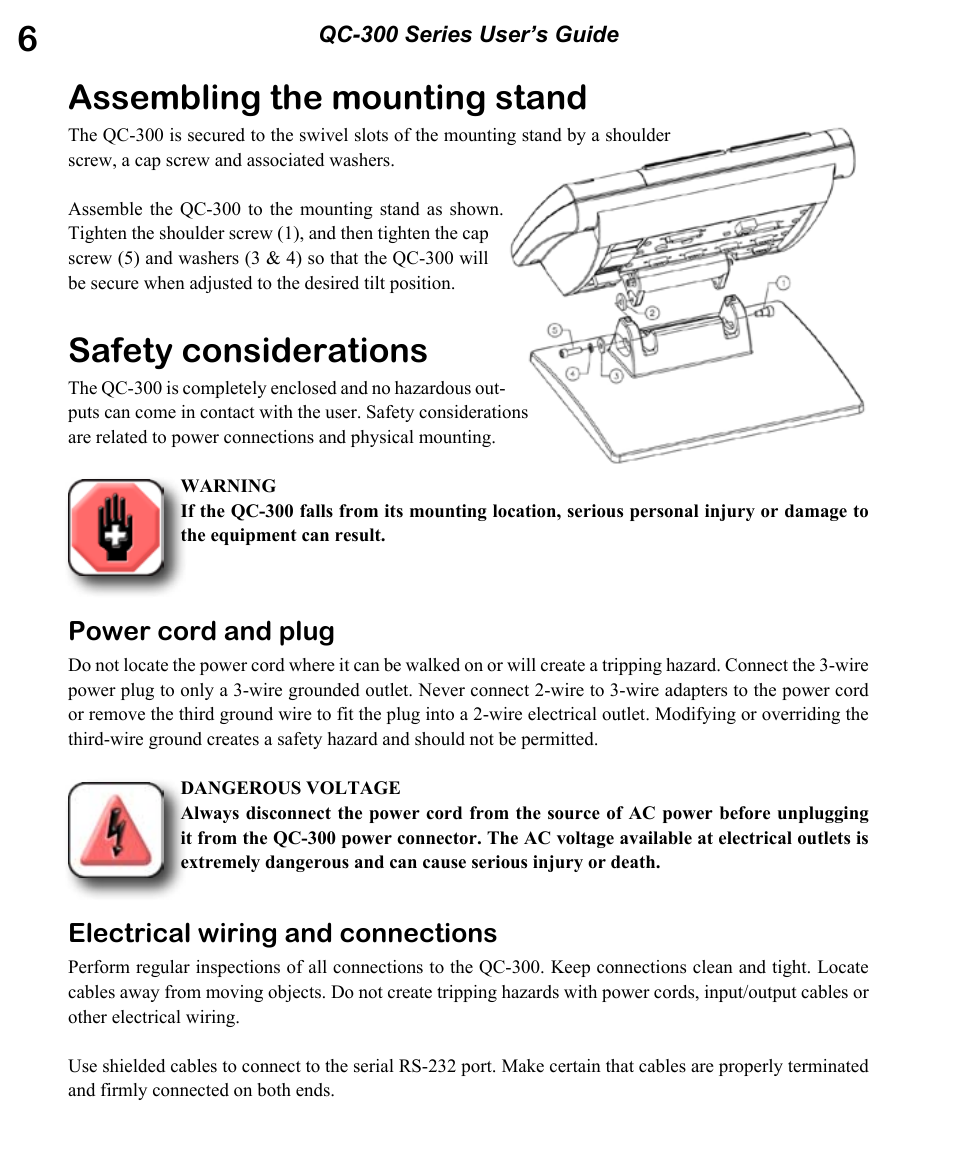 Assembling the mounting stand, Safety considerations, Power cord and plug | Electrical wiring and connections | HEIDENHAIN ND 1300 OED and Crosshair Systems User Manual | Page 24 / 257