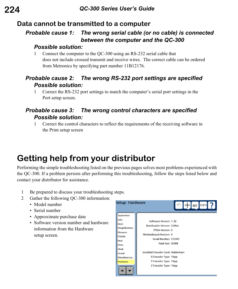 Getting help from your distributor, Data cannot be transmitted to a computer | HEIDENHAIN ND 1300 OED and Crosshair Systems User Manual | Page 242 / 257