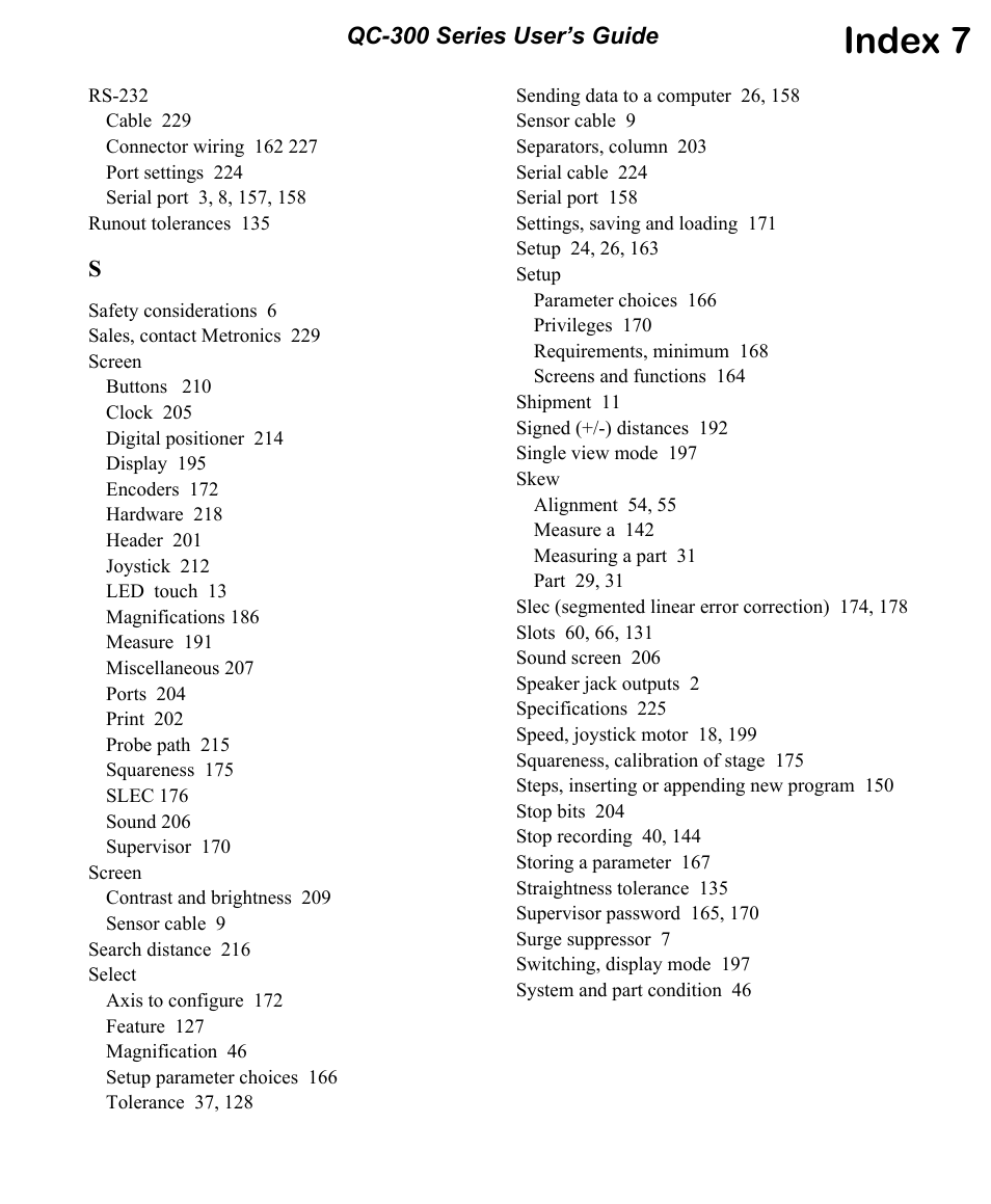 Index 7, Qc-300 series user’s guide | HEIDENHAIN ND 1300 OED and Crosshair Systems User Manual | Page 255 / 257