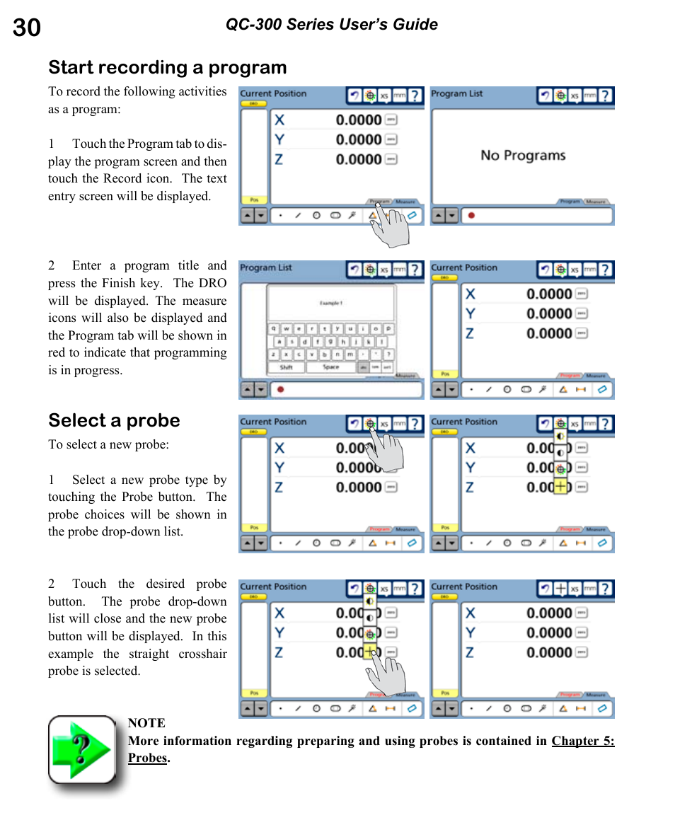 Start recording a program, Select a probe | HEIDENHAIN ND 1300 OED and Crosshair Systems User Manual | Page 48 / 257