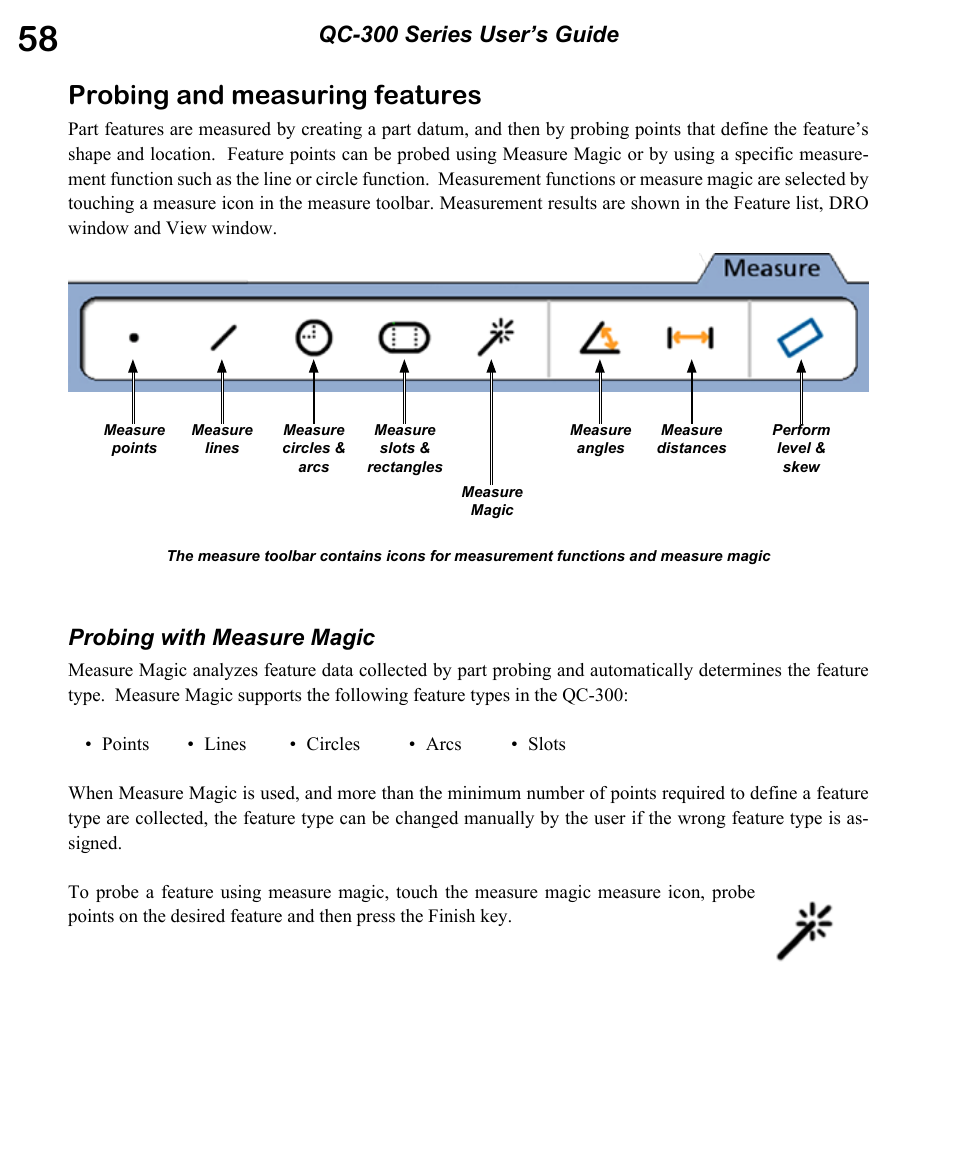 Probing and measuring features, Qc-300 series user’s guide, Probing with measure magic | HEIDENHAIN ND 1300 OED and Crosshair Systems User Manual | Page 76 / 257