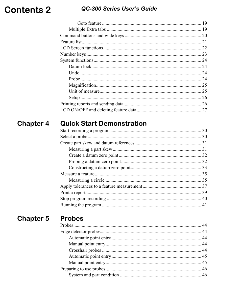 Contents 2, Chapter 4 quick start demonstration, Chapter 5 probes | HEIDENHAIN ND 1300 OED and Crosshair Systems User Manual | Page 8 / 257