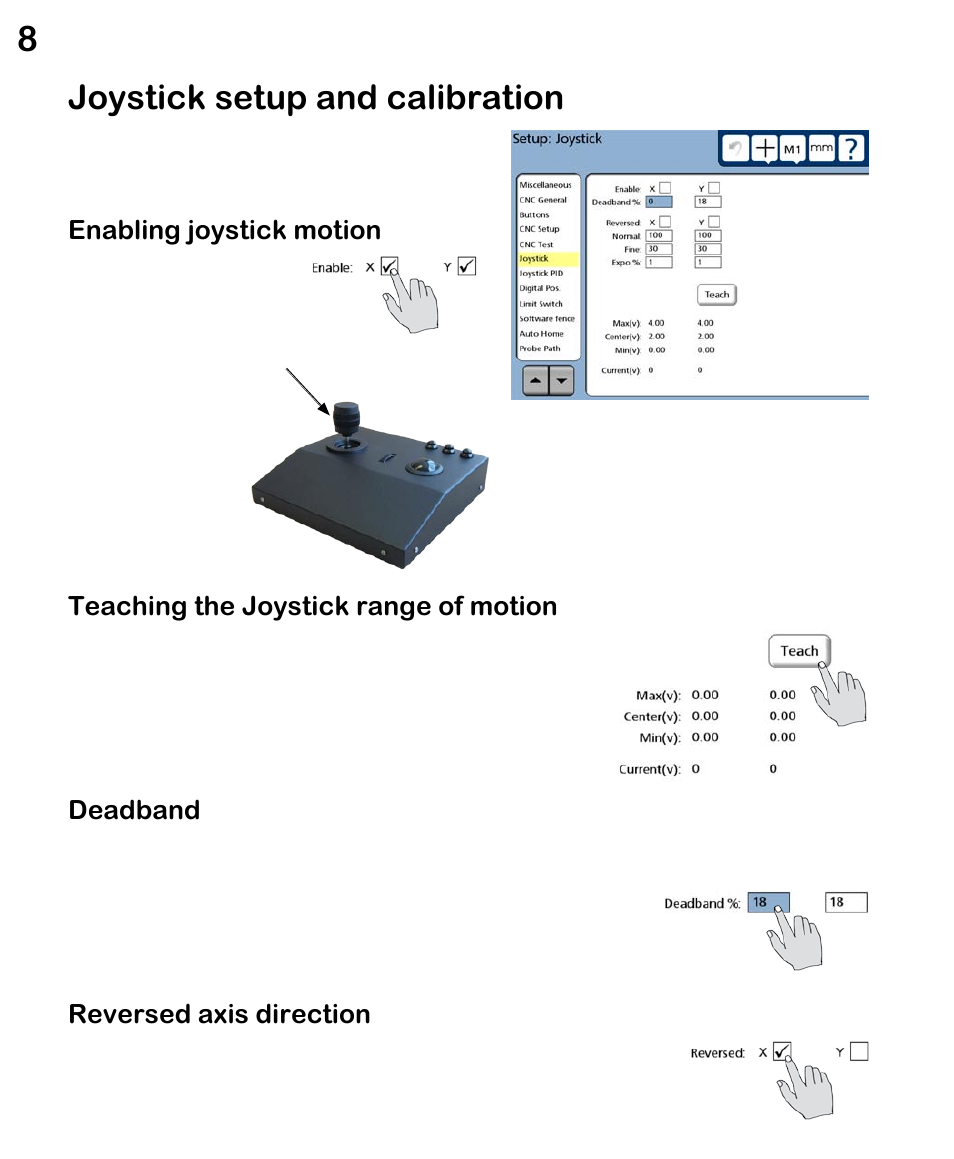Joystick setup and calibration, Enabling joystick motion, Teaching the joystick range of motion | Deadband, Reversed axis direction | HEIDENHAIN ND 1300 CNC Setup User Manual | Page 16 / 54