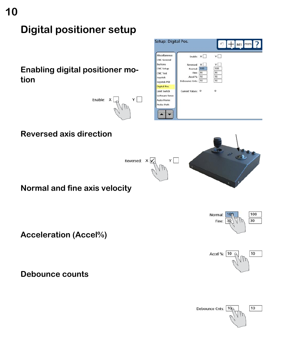 Digital positioner setup, Enabling digital positioner mo- tion, Reversed axis direction | Normal and fine axis velocity, Acceleration (accel%), Debounce counts | HEIDENHAIN ND 1300 CNC Setup User Manual | Page 18 / 54
