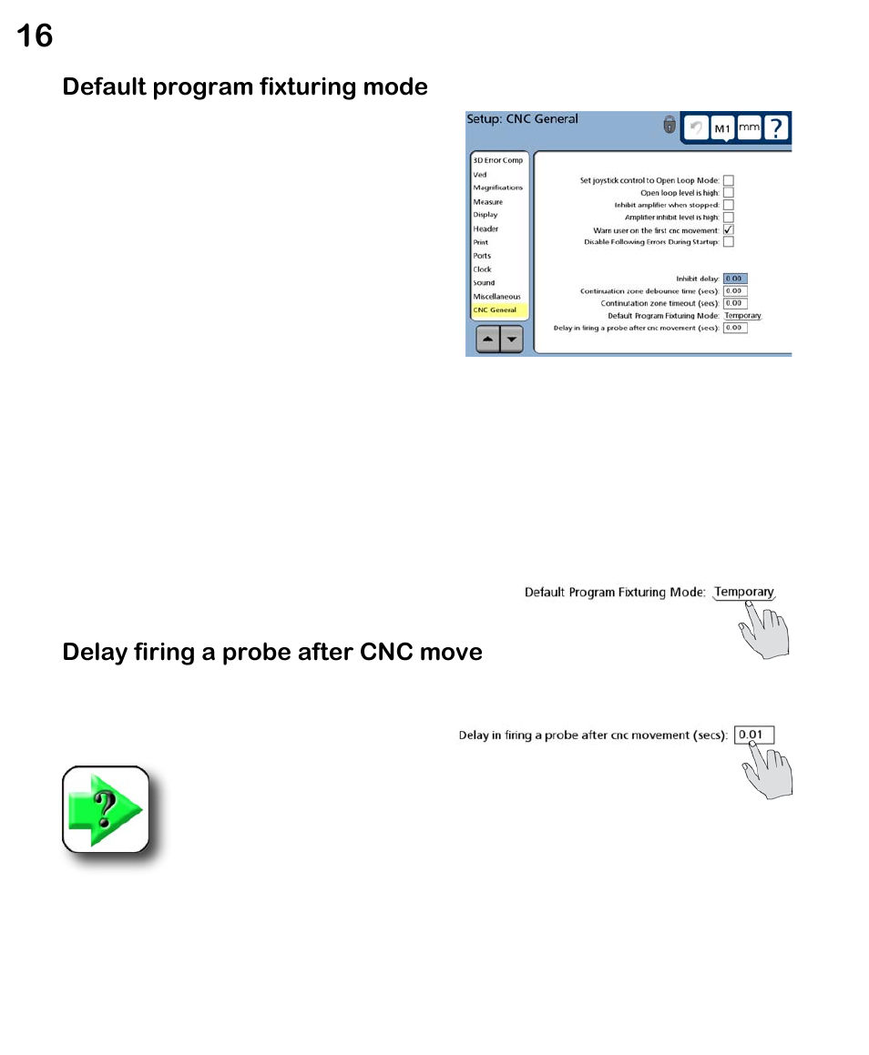 Default program fixturing mode, Delay firing a probe after cnc move | HEIDENHAIN ND 1300 CNC Setup User Manual | Page 24 / 54