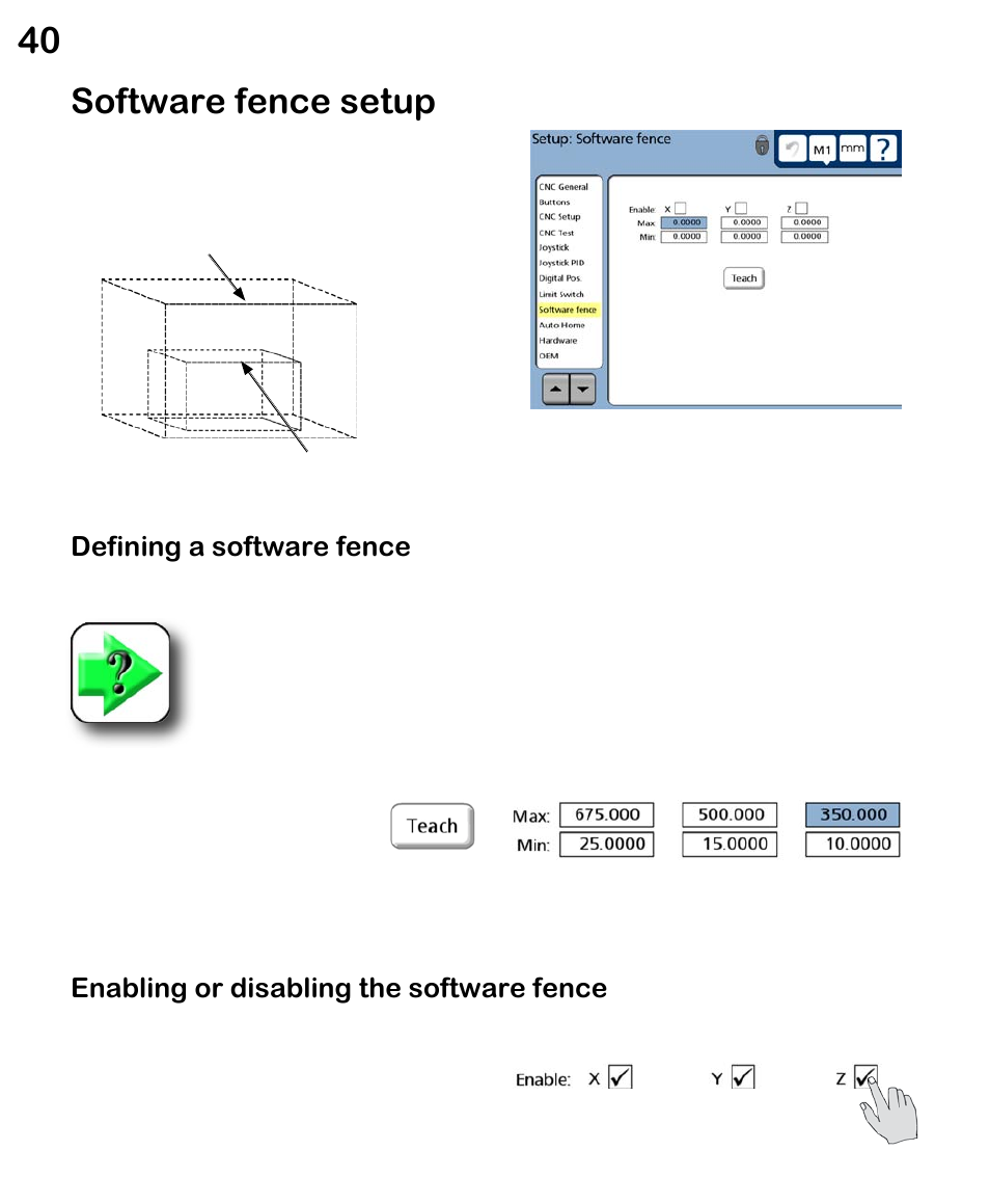 Software fence setup, Defining a software fence, Enabling or disabling the software fence | HEIDENHAIN ND 1300 CNC Setup User Manual | Page 49 / 54
