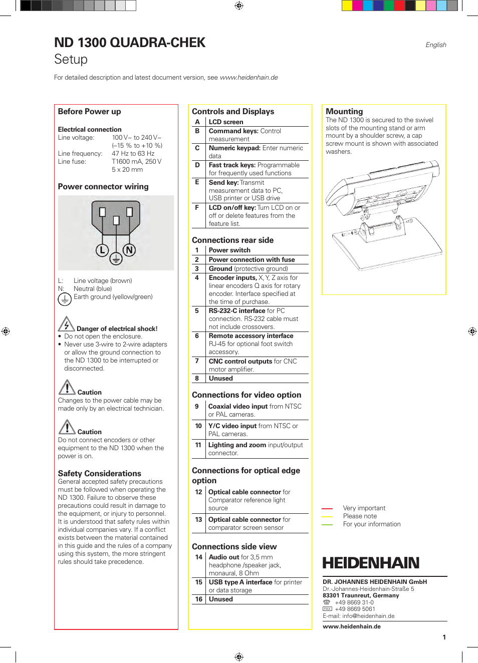 01_nd1300_ved_and_oe_body_en, Nd 1300 quadra-chek, Setup | HEIDENHAIN ND 1300 Quick Start User Manual | Page 3 / 92