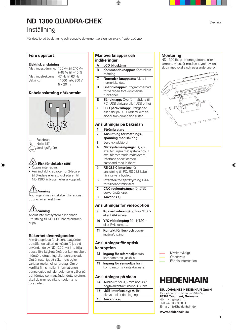 06_qrg_nd1300_sv, Nd 1300 quadra-chek, Inställning | HEIDENHAIN ND 1300 Quick Start User Manual | Page 33 / 92