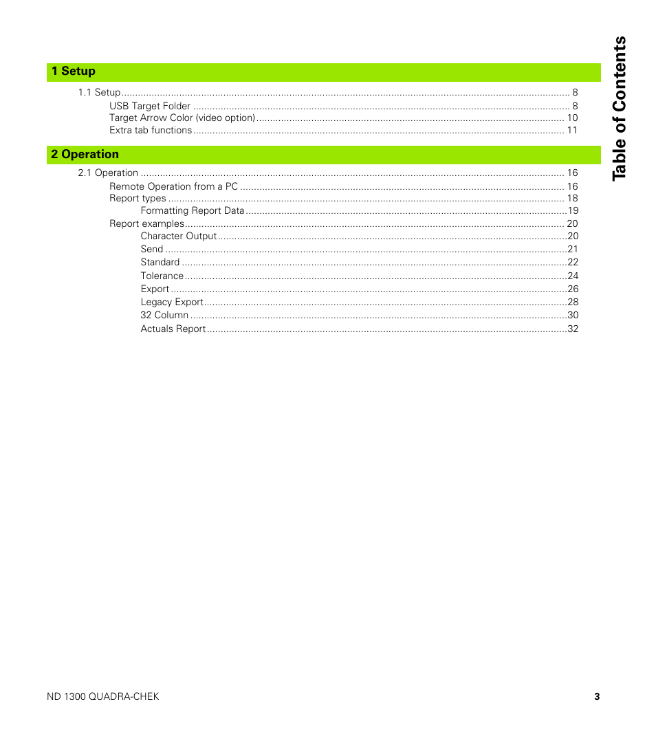 1 setup, Usb target folder 8, Target arrow color (video option) 10 | Extra tab functions 11, 2 operation, Remote operation from a pc 16, Report types 18, Formatting report data 19, Report examples 20, Character output 20 | HEIDENHAIN ND 1300 Addendum User Manual | Page 3 / 36