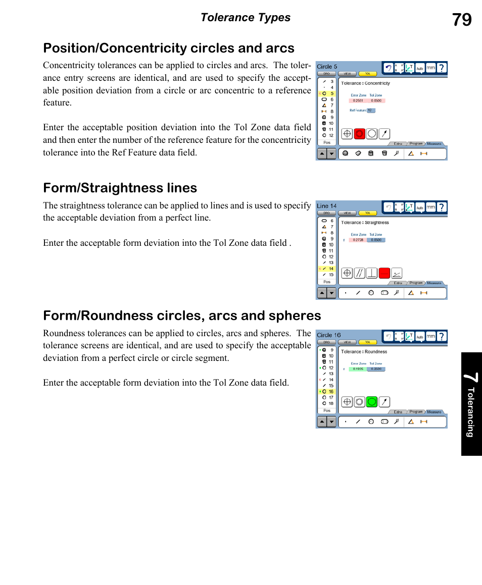 Position/concentricity circles and arcs, Form/straightness lines, Form/roundness circles, arcs and spheres | HEIDENHAIN ND 1400 User Manual | Page 93 / 179