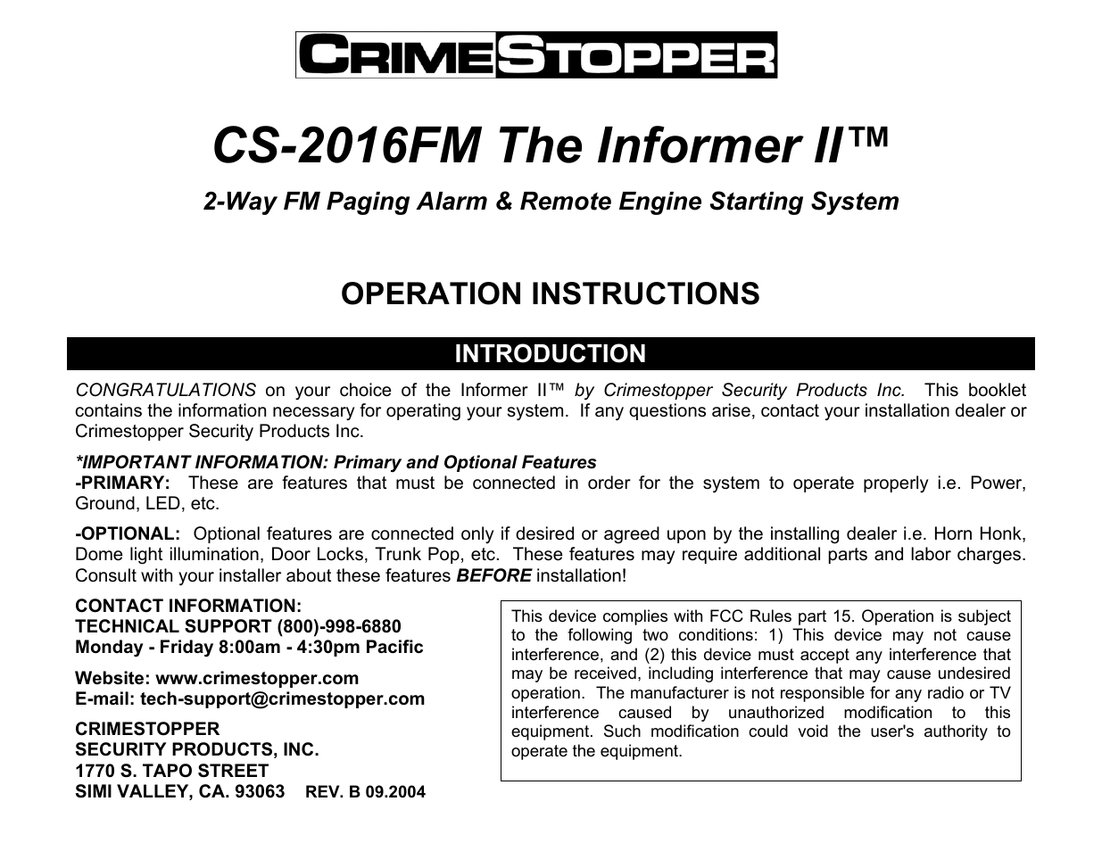 Crimestopper Security Products CS-2016FM User Manual | 21 pages