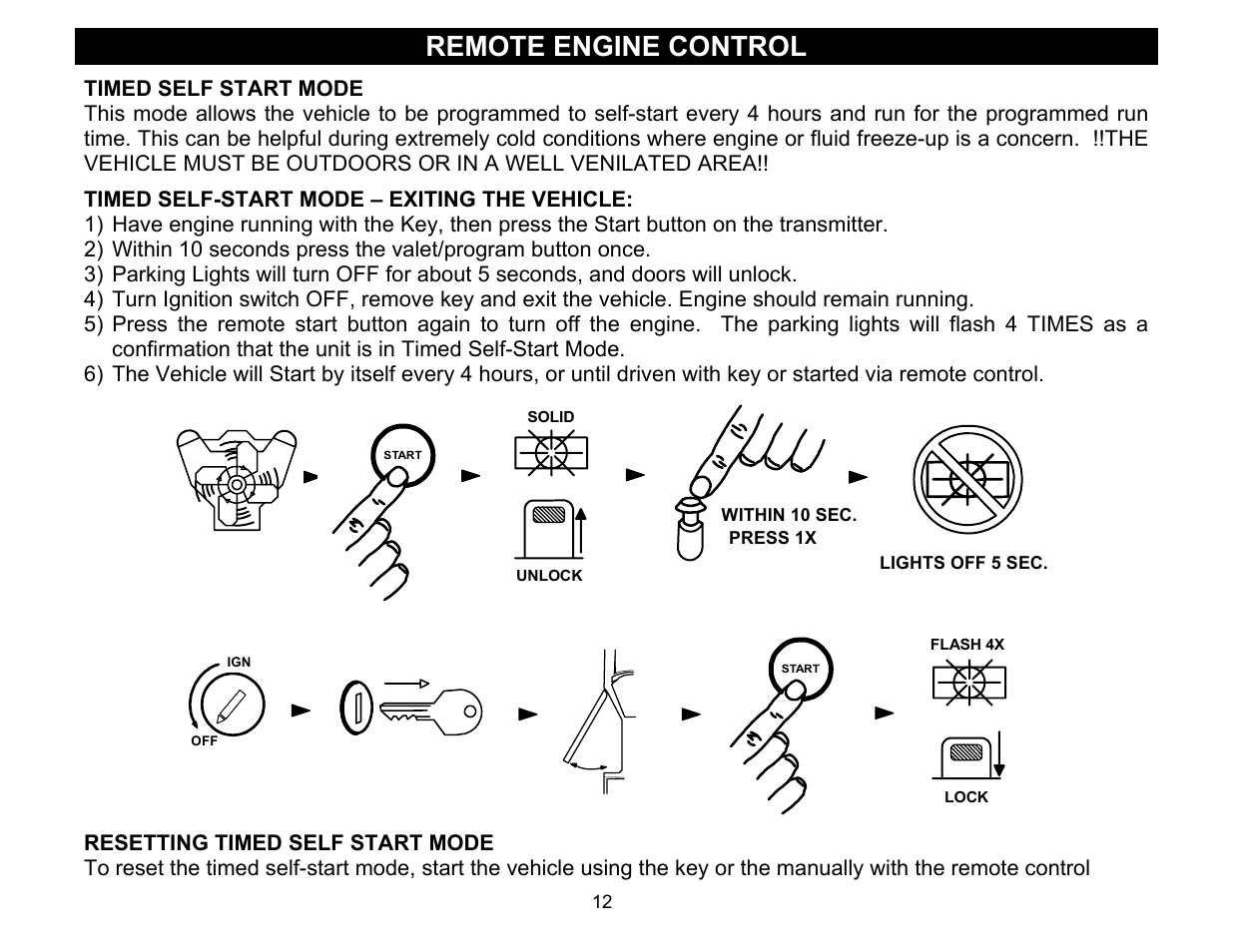 Timed self start mode, Timed self-start mode – exiting the vehicle, Resetting timed self start mode | Remote engine control | Crimestopper Security Products CS-2016FM User Manual | Page 12 / 21