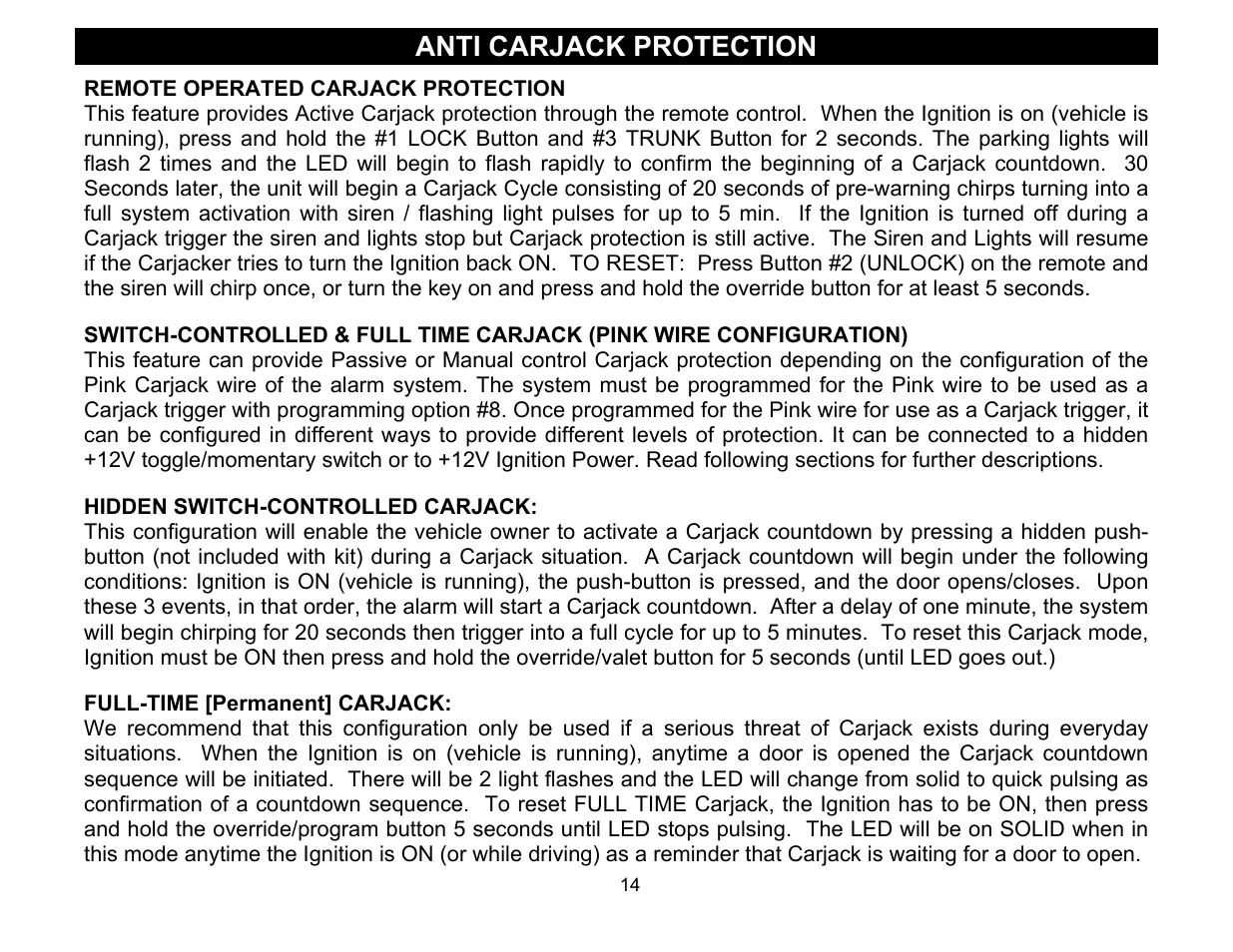 Remote operated carjack protection, Anti carjack protection | Crimestopper Security Products CS-2016FM User Manual | Page 14 / 21