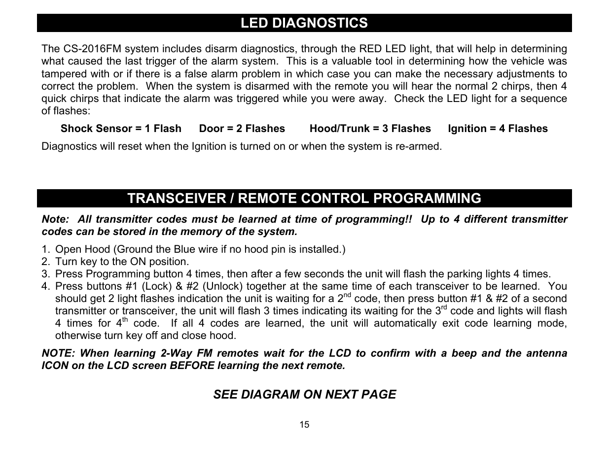 Led diagnostics, Transceiver / remote control programming, See diagram on next page | Crimestopper Security Products CS-2016FM User Manual | Page 15 / 21