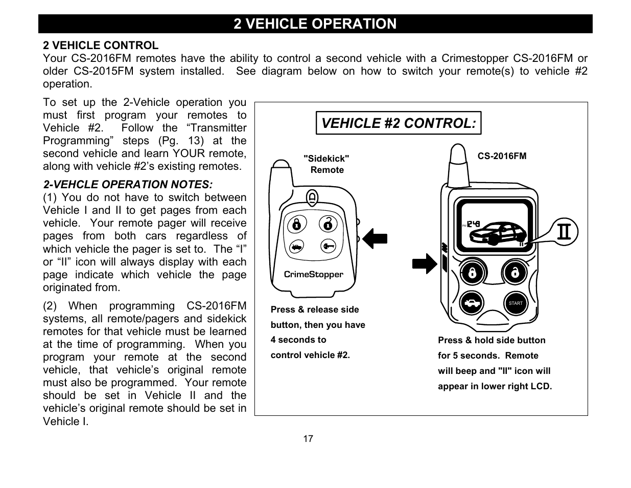 2 vehicle operation, 2 vehicle control, Vehicle #2 control | Crimestopper Security Products CS-2016FM User Manual | Page 17 / 21