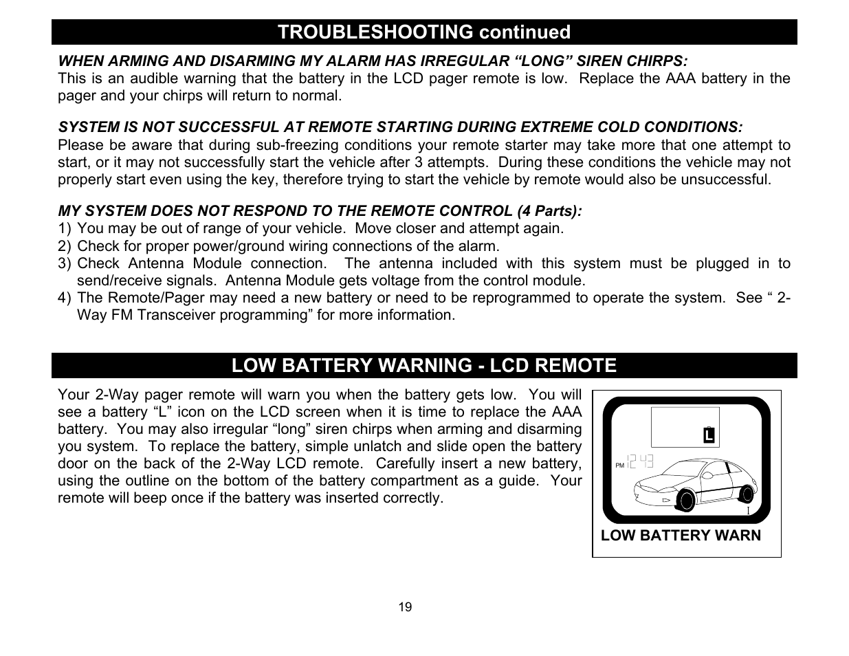 Troubleshooting continued, Low battery warning - lcd remote | Crimestopper Security Products CS-2016FM User Manual | Page 19 / 21