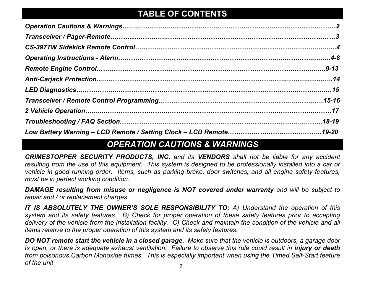 Crimestopper Security Products CS-2016FM User Manual | Page 2 / 21