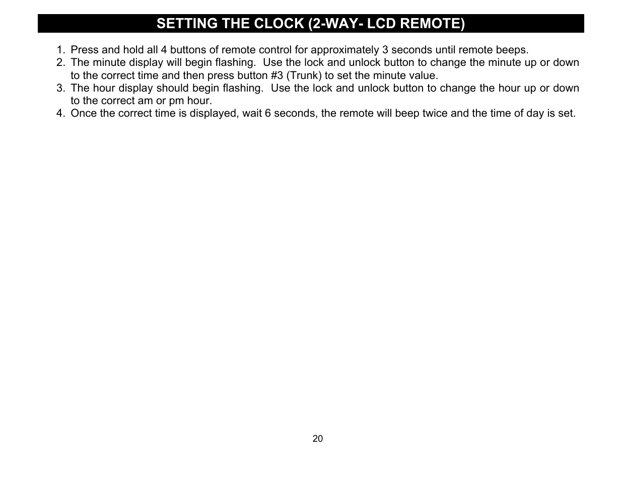 Setting the clock (2-way- lcd remote) | Crimestopper Security Products CS-2016FM User Manual | Page 20 / 21