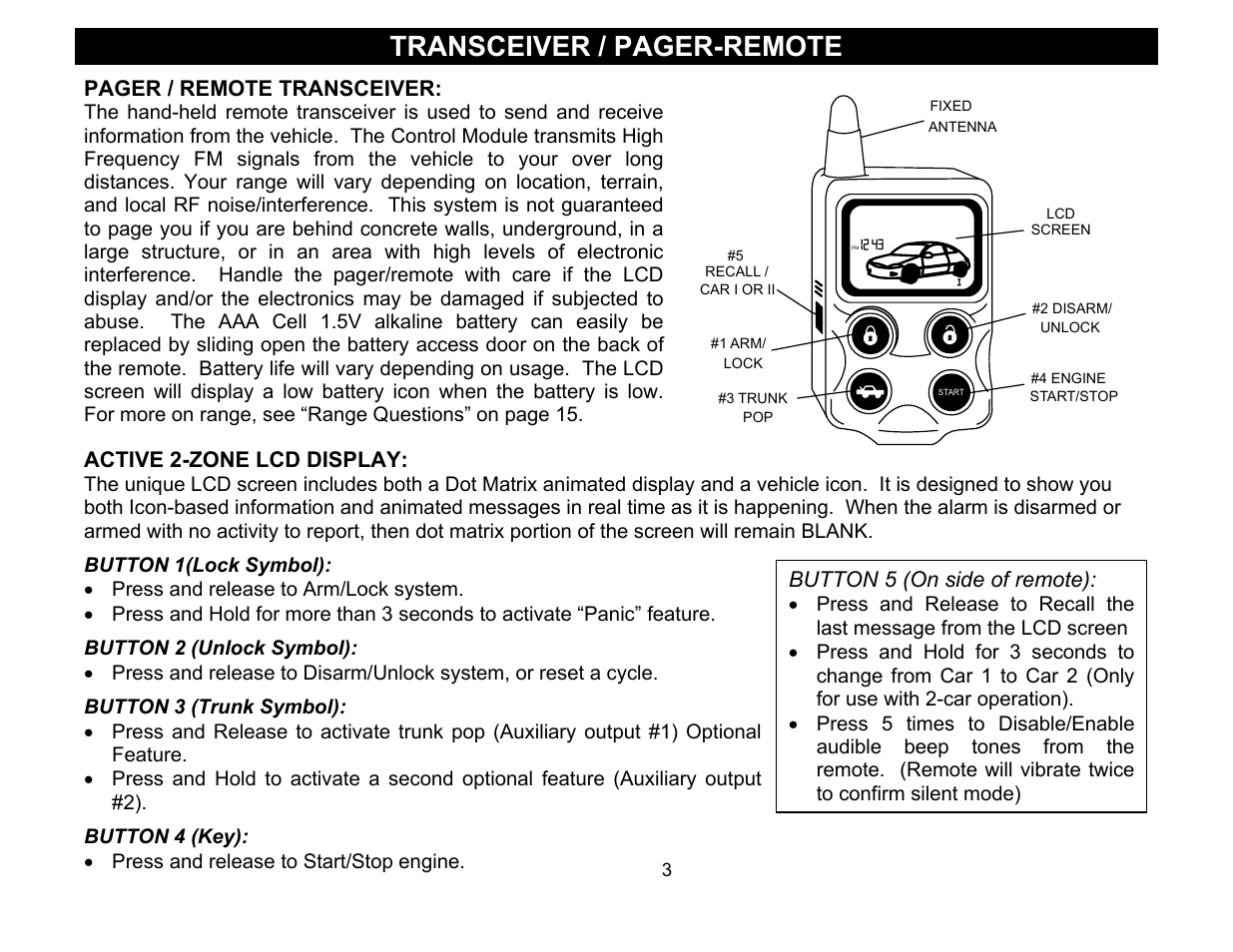 Transceiver / pager-remote, Pager / remote transceiver, Active 2-zone lcd display | Button 5 (on side of remote) | Crimestopper Security Products CS-2016FM User Manual | Page 3 / 21