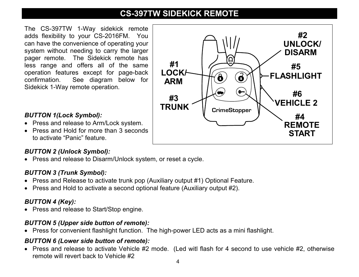 Cs-397tw sidekick remote | Crimestopper Security Products CS-2016FM User Manual | Page 4 / 21