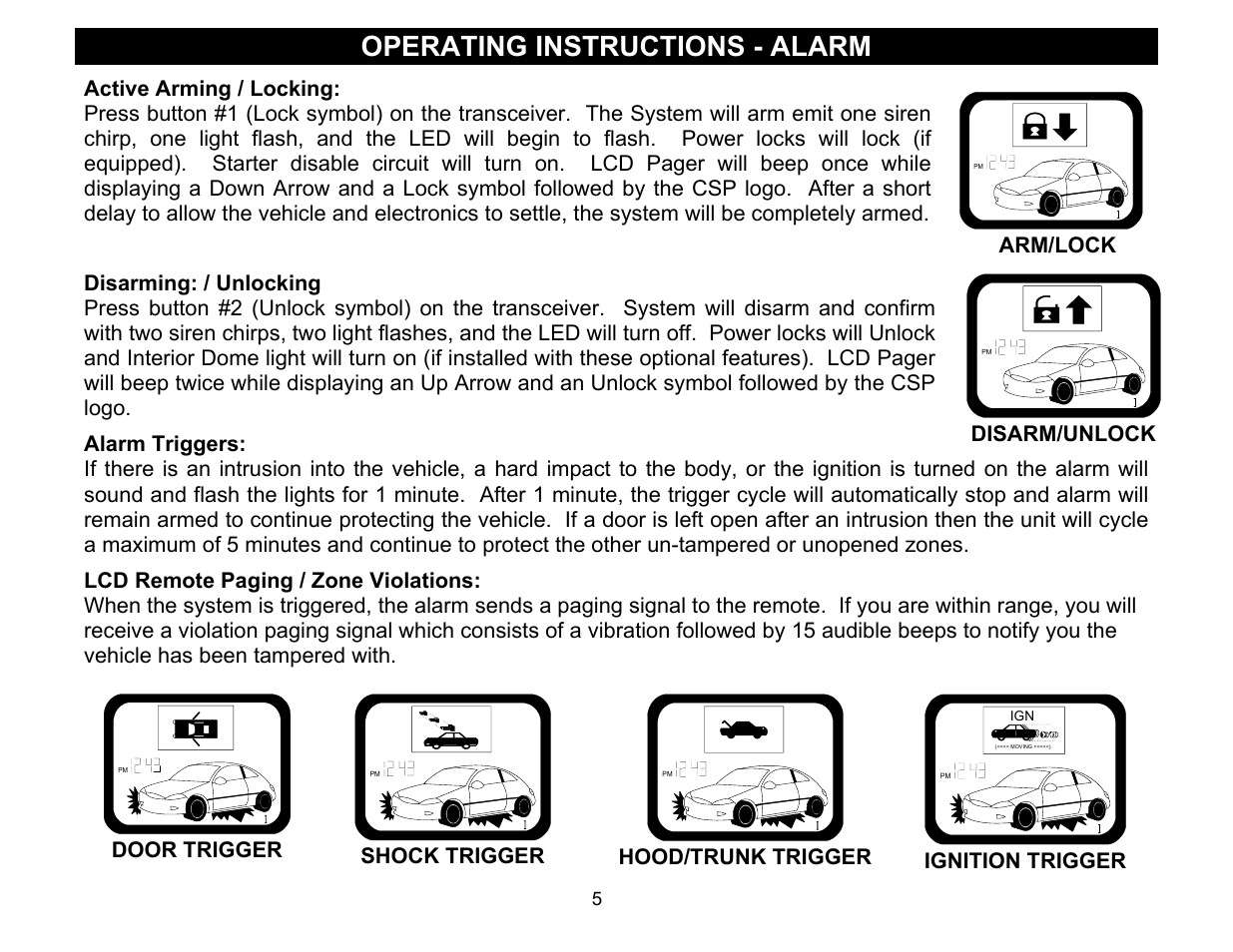 Operating instructions - alarm, Active arming / locking, Disarming: / unlocking | Disarm/unlock, Door trigger, Hood/trunk trigger, Shock trigger, Ignition trigger | Crimestopper Security Products CS-2016FM User Manual | Page 5 / 21