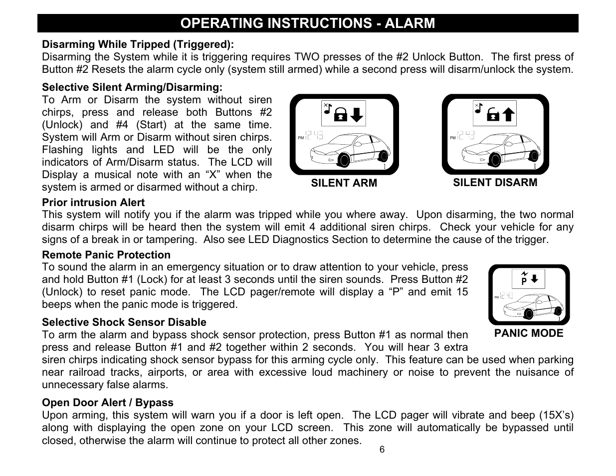 Prior intrusion alert, Remote panic protection, Selective shock sensor disable | Open door alert / bypass, Operating instructions - alarm, Silent arm, Silent disarm, Panic mode | Crimestopper Security Products CS-2016FM User Manual | Page 6 / 21