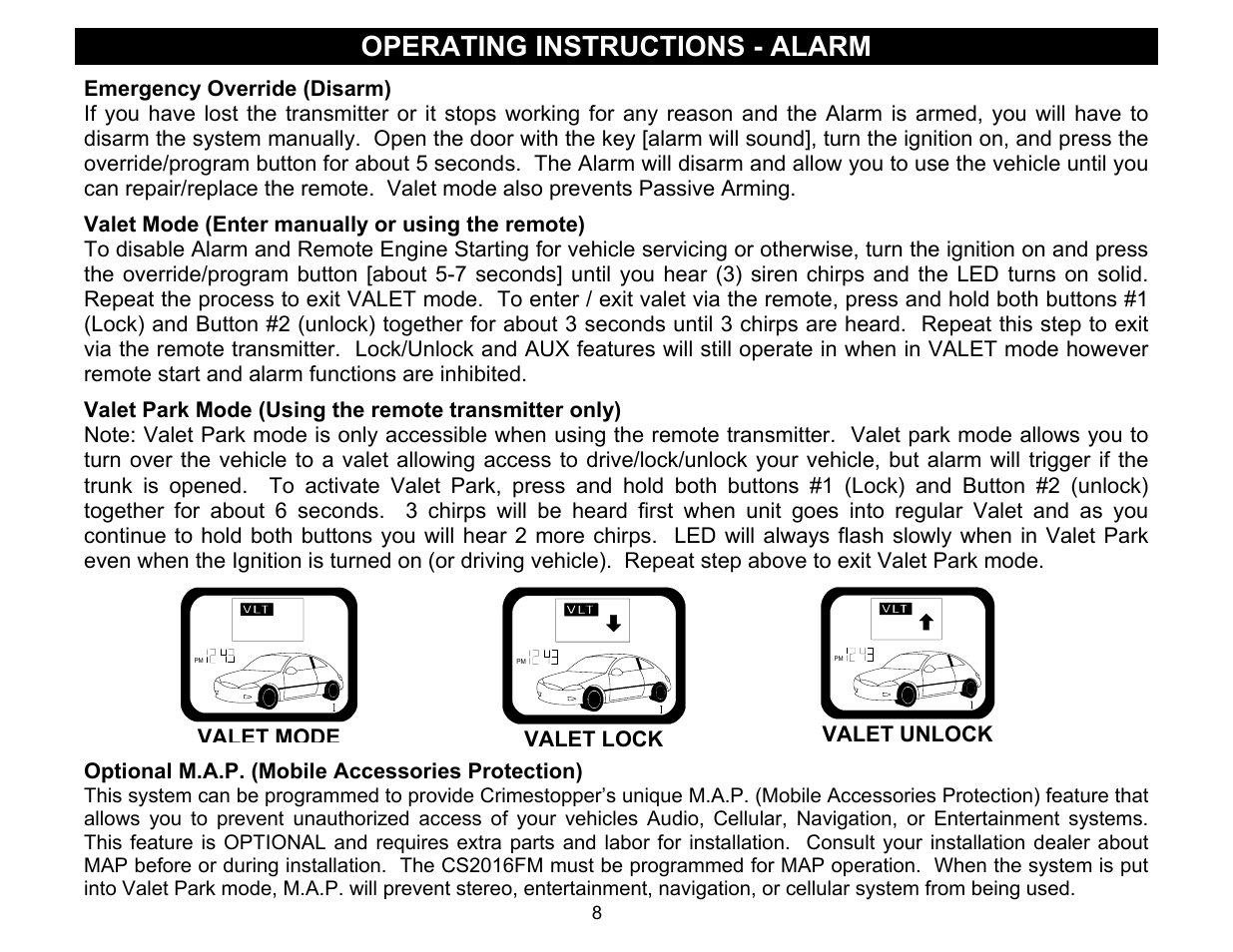 Operating instructions - alarm, Valet unlock, Valet lock | Crimestopper Security Products CS-2016FM User Manual | Page 8 / 21