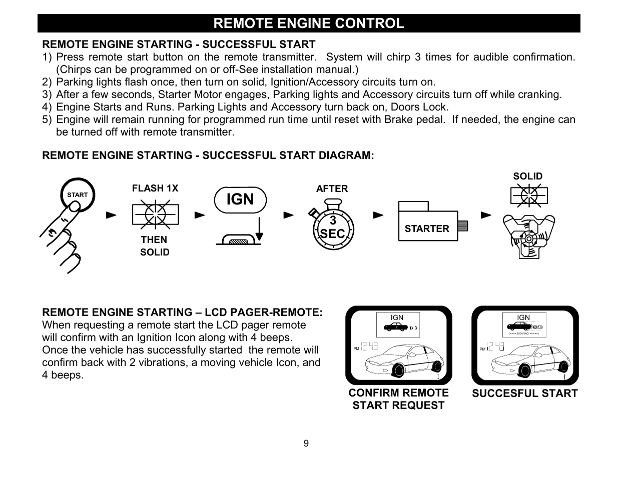 Remote engine starting - successful start, Remote engine starting - successful start diagram, Remote engine control | Crimestopper Security Products CS-2016FM User Manual | Page 9 / 21