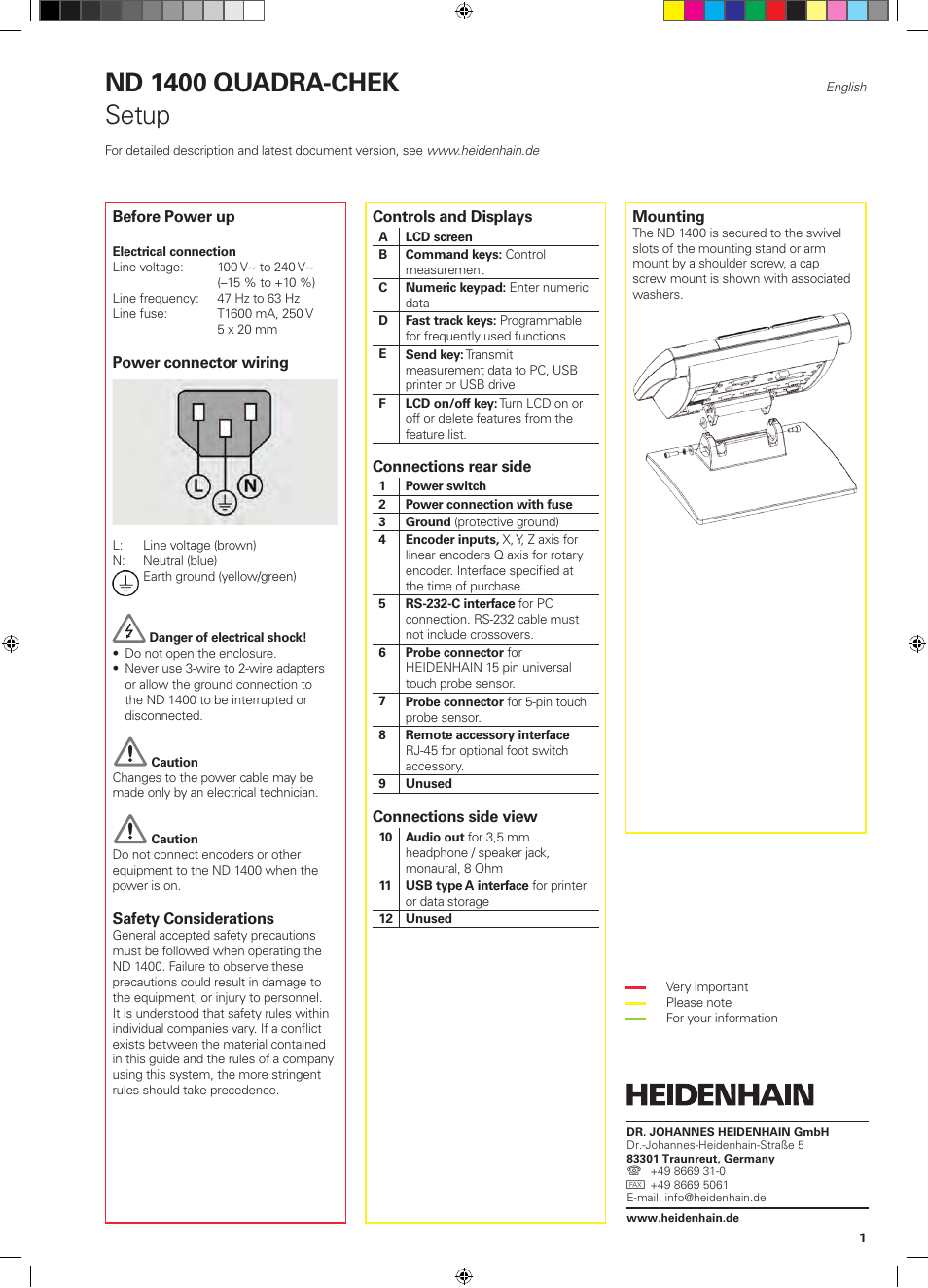 01_qrg_nd1400_en, Nd 1400 quadra-chek, Setup | HEIDENHAIN ND 1400 Quick Start User Manual | Page 3 / 96