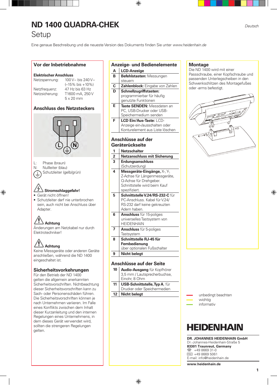 02_qrg_nd1400_de, Nd 1400 quadra-chek, Setup | HEIDENHAIN ND 1400 Quick Start User Manual | Page 9 / 96