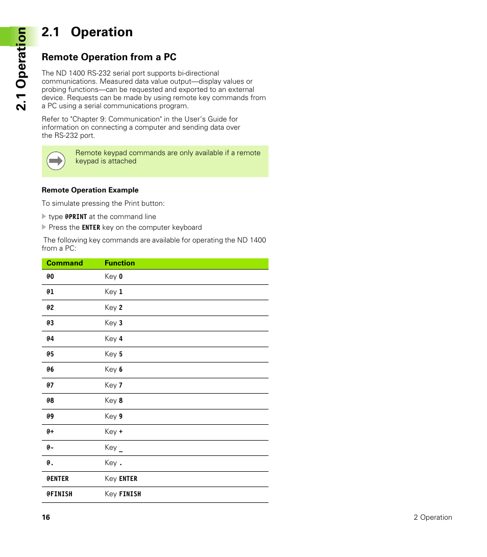 Remote operation from a pc, 1 oper ation 2.1 operation | HEIDENHAIN ND 1400 Addendum User Manual | Page 16 / 36