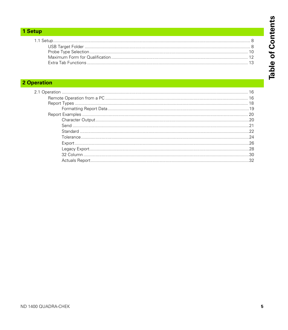 1 setup, Usb target folder 8, Probe type selection 10 | Maximum form for qualification 12, Extra tab functions 13, 2 operation, Remote operation from a pc 16, Report types 18, Formatting report data 19, Report examples 20 | HEIDENHAIN ND 1400 Addendum User Manual | Page 5 / 36