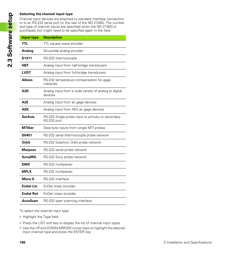 Selecting the channel input type, 3 s o ft wa re s e tu p | HEIDENHAIN ND 2100G User Manual | Page 100 / 279
