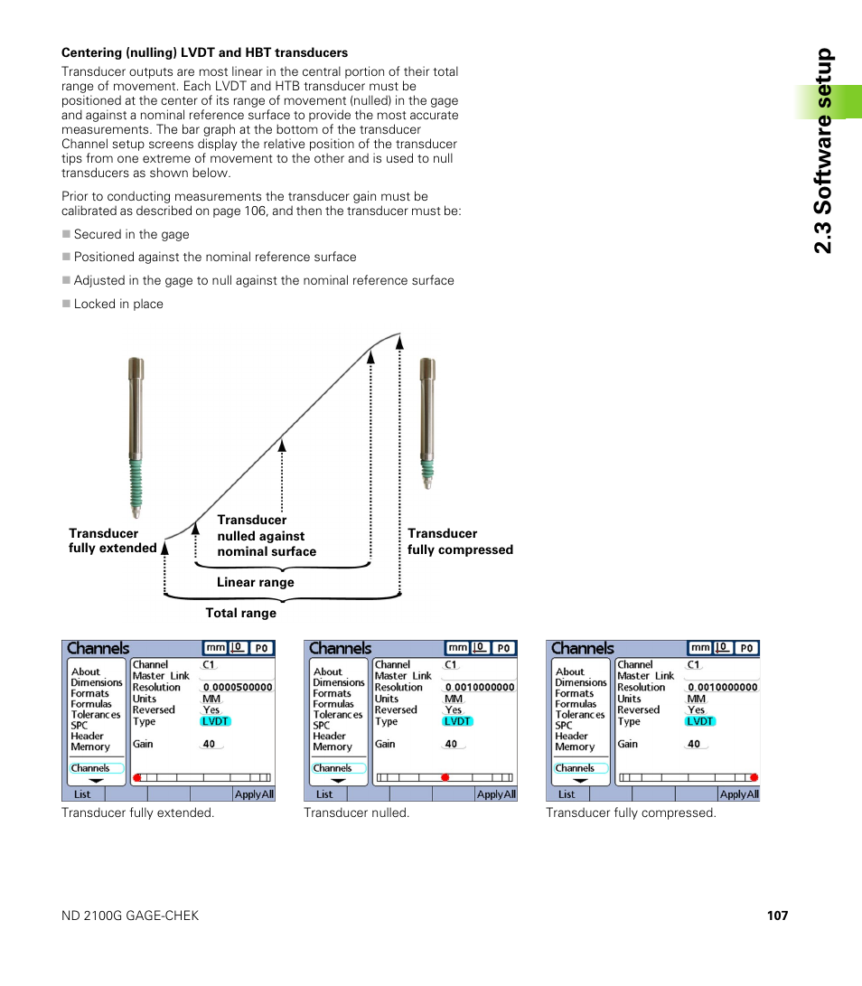 Centering (nulling) lvdt and hbt transducers, 3 s o ft wa re s e tu p | HEIDENHAIN ND 2100G User Manual | Page 107 / 279