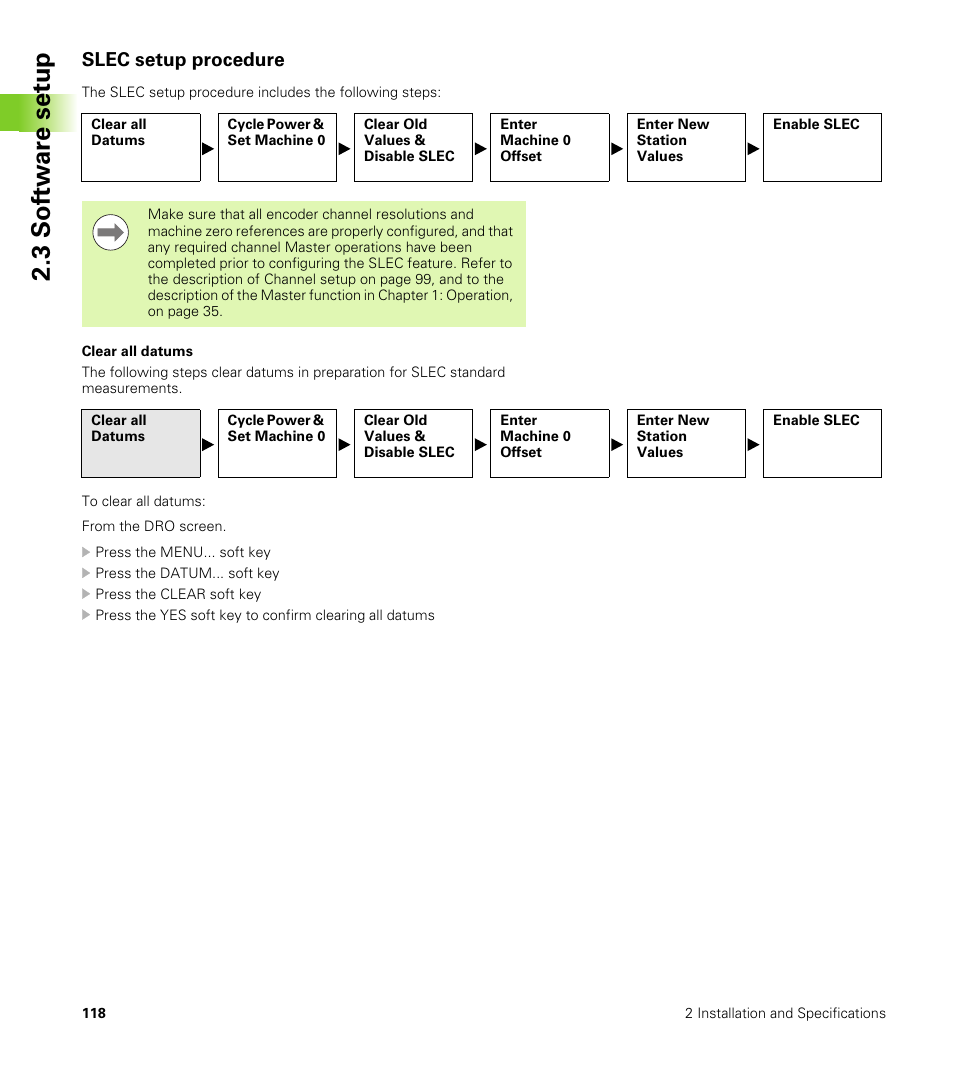 Slec setup procedure, Clear all datums, 3 s o ft wa re s e tu p | HEIDENHAIN ND 2100G User Manual | Page 118 / 279