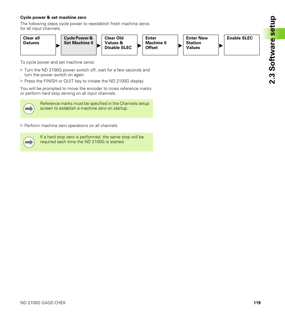 Cycle power & set machine zero, 3 s o ft wa re s e tu p | HEIDENHAIN ND 2100G User Manual | Page 119 / 279