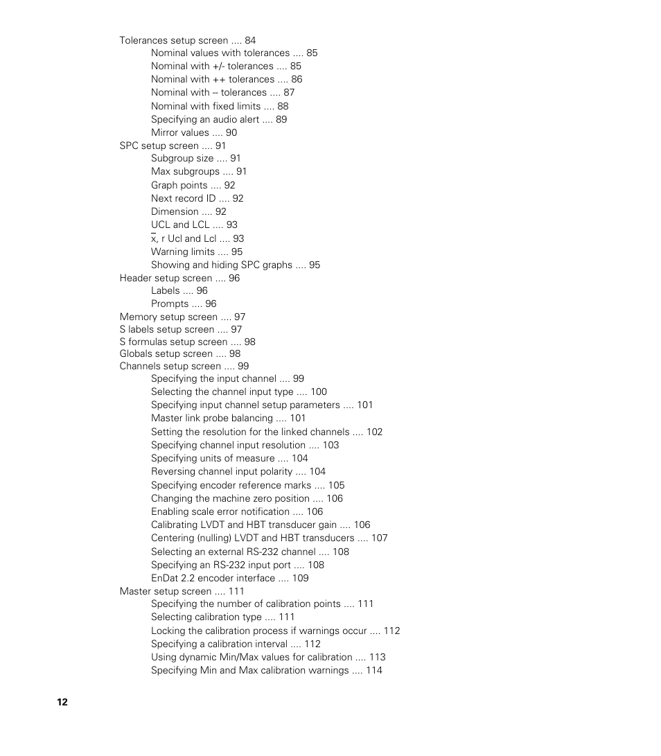 Tolerances setup screen, Nominal values with tolerances, Nominal with +/- tolerances | Nominal with ++ tolerances, Nominal with -- tolerances, Nominal with fixed limits, Specifying an audio alert, Mirror values, Spc setup screen, Subgroup size | HEIDENHAIN ND 2100G User Manual | Page 12 / 279