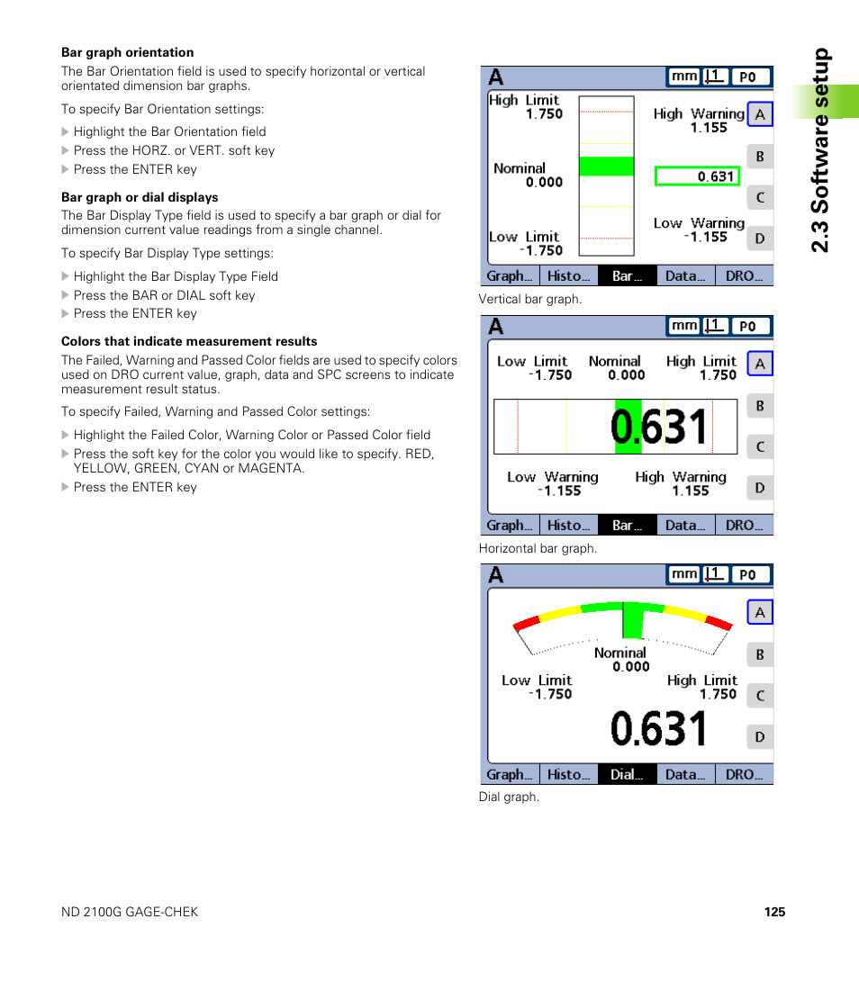 Bar graph orientation, Bar graph or dial displays, Colors that indicate measurement results | 3 s o ft wa re s e tu p | HEIDENHAIN ND 2100G User Manual | Page 125 / 279