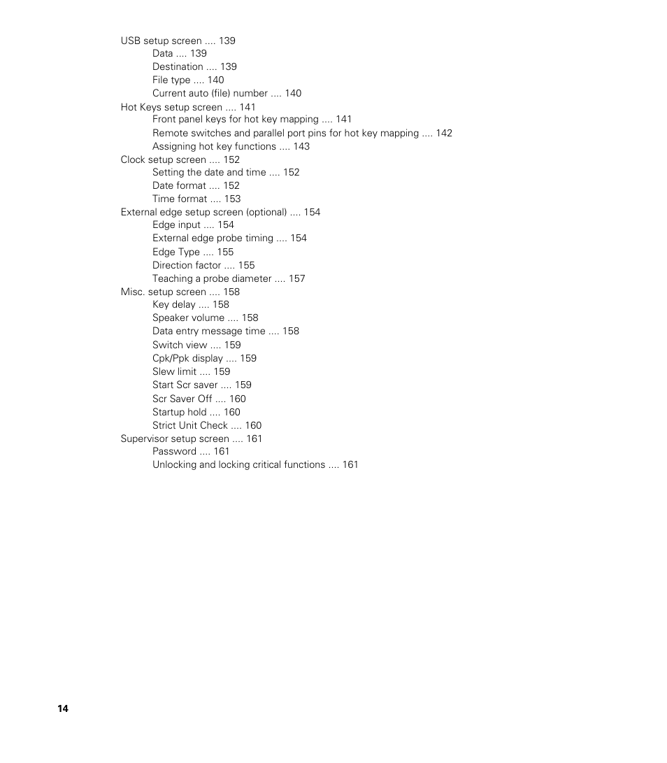 Usb setup screen, Data, Destination | File type, Current auto (file) number, Hot keys setup screen, Front panel keys for hot key mapping, Assigning hot key functions, Clock setup screen, Setting the date and time | HEIDENHAIN ND 2100G User Manual | Page 14 / 279